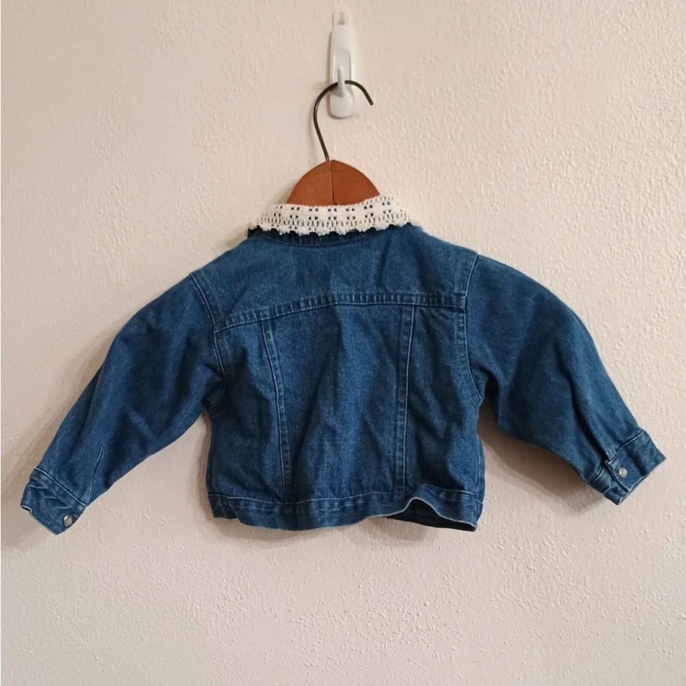 Vintage Hopscotch Pearl Snap Denim Jean Jacket Lace Collar Baby Girl 24 Mo